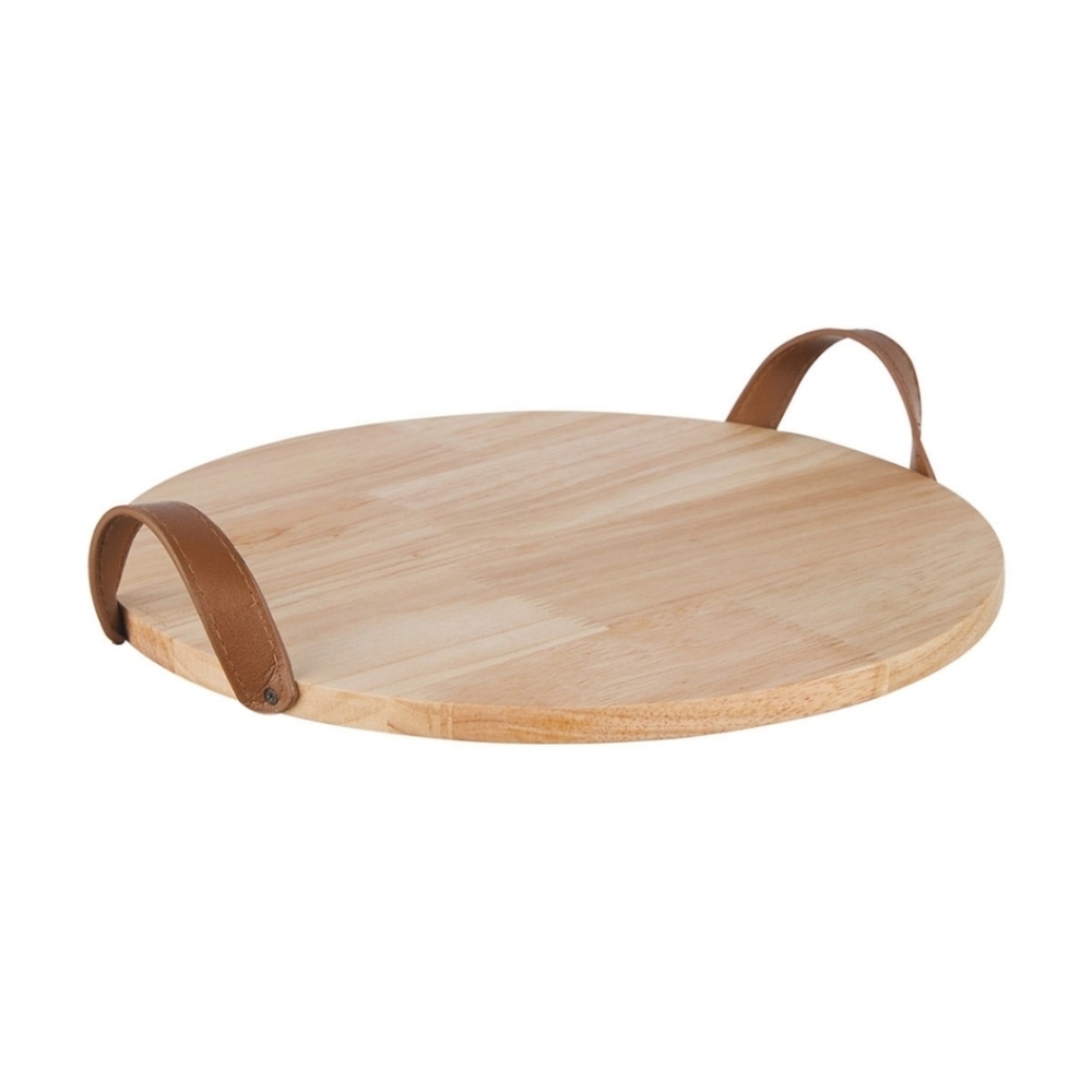 NEW Unfinished Wooden Round Serving Tray with Brown Vegan Leather Handles